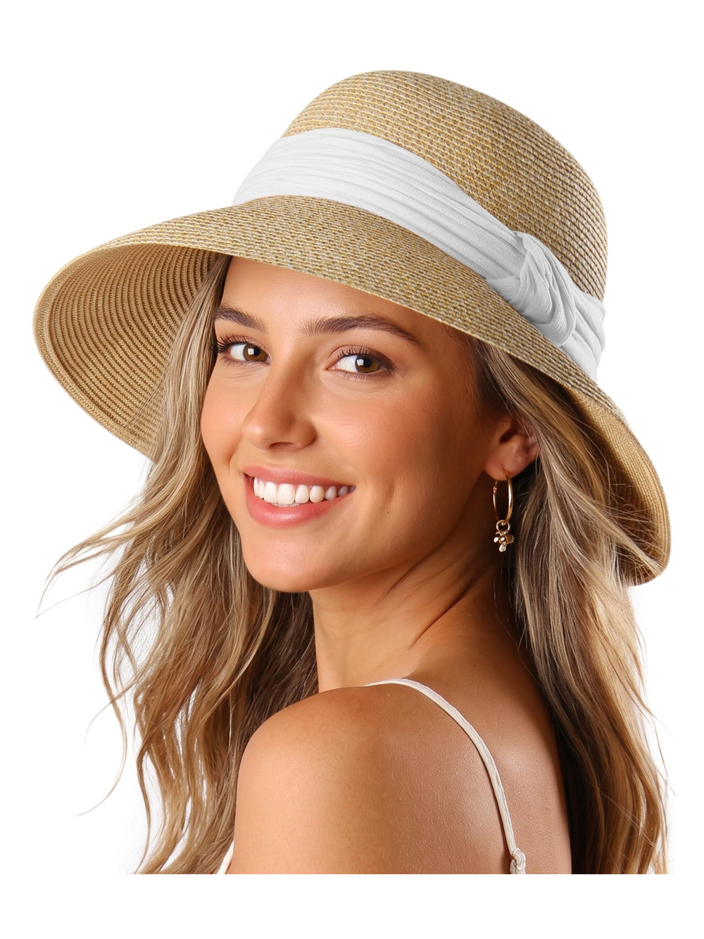 Sun Straw Hat for Women Wide Brim Floppy Beach | Hat Band: Beige | Size OS